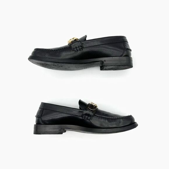GUCCI Cara Signature Letters Logo Black Loafers Size 37.5 Leather Flat Shoes - Picture 10 of 14